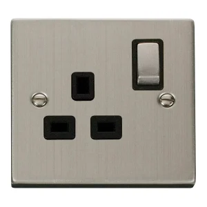 Socket Ingot 1 Gang DP Switched 13A Stainless Steel Black Insert Victorian