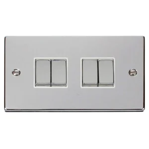 Plate Switch 4 Gang 2 Way 10A Polished Chrome White Insert Victorian