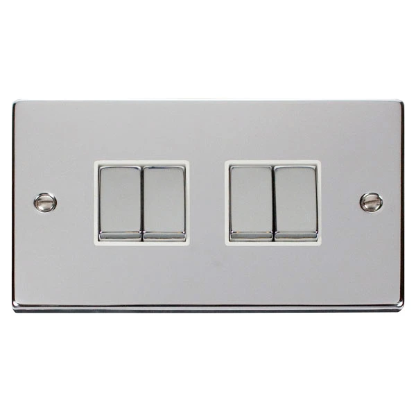 Plate Switch 4 Gang 2 Way 10A Polished Chrome White Insert Victorian
