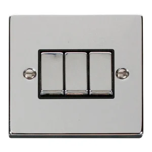 Plate Switch 3 Gang 2 Way 10A Polished Chrome Black Insert Victorian