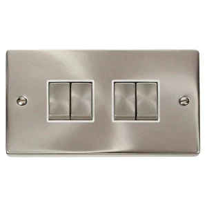 Plate Switch 4 Gang 2 Way 10A Satin Chrome White Insert Victorian