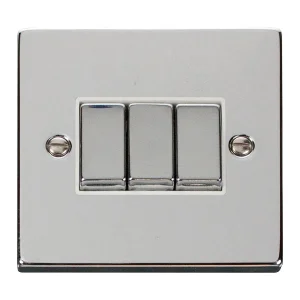 Click VPCH413WH 10A Ingot 3 Gang 2 Way Plate Switch - White Insert Polished Chrome