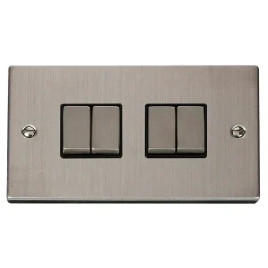 Deco Plate Switch Ingot 4-Gang 2-Way 10A Black Insert Stainless Steel