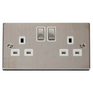 Socket Ingot 2 Gang Double Pole Switched 13A Stainless Steel White Insert Victorian