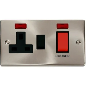 Cooker Control Unit 13A Socket&Neon 45A Sat Chrome Black Insert Victorian
