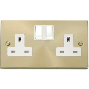 Socket 2 Gang DP Switched 13A Satin Brass White Insert Victorian