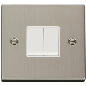 Victorian Stainless Steel White Insert 10AX 2 Gang 2 Way Plate Switch