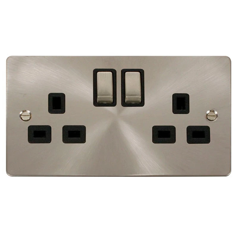 Socket 2 Gang Double Pole Switched 13A Brushed Stainless Black Insert