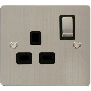 Socket 1 Gang DP Switched 13A Stainless Steel Black Insert