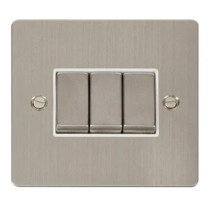 Plate Switch 3 Gang 2 Way 10A Stainless Steel White Insert