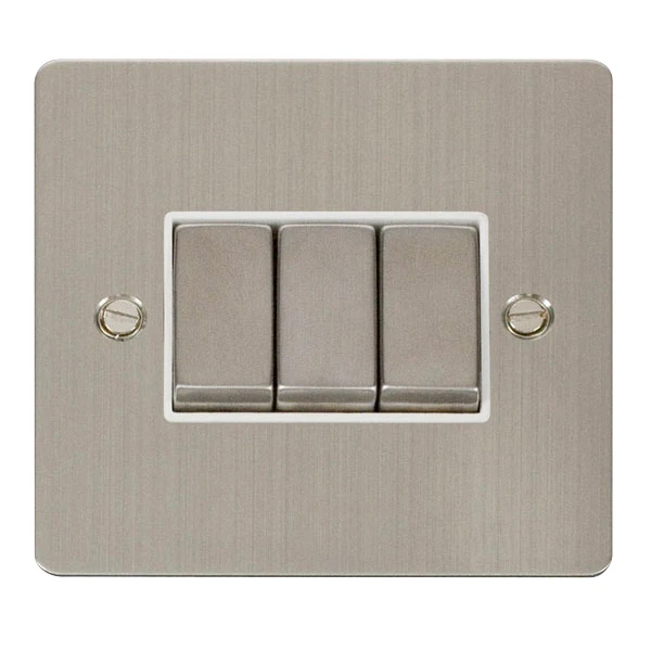 Plate Switch 3 Gang 2 Way 10A Stainless Steel White Insert
