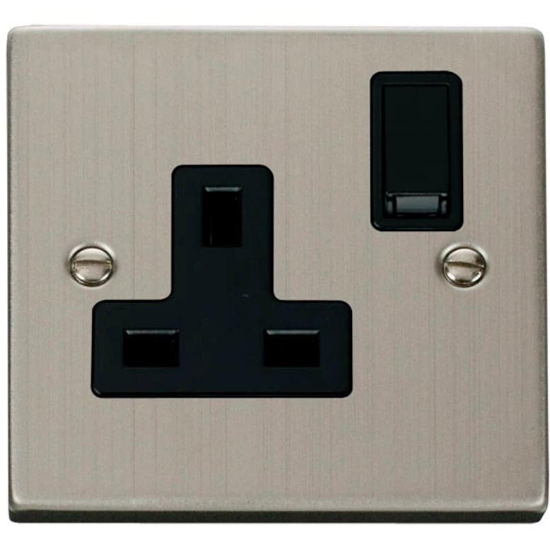 Victorian Stainless Steel Black Insert 13A 1 Gang Double Pole Switched Socket Outlet - Image 2