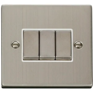 Plate Switch 3 Gang 2 Way 10A Stainless Steel White Insert Victorian
