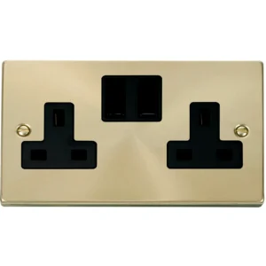 Socket 2 Gang DP Switched 13A Satin Brass Black Insert Victorian