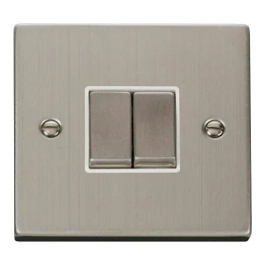 Plate Switch 2 Gang 2 Way 10A Stainless Steel White Insert Victorian