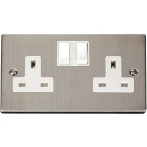 Socket 2 Gang DP Switched 13A Stainless Steel White Insert Victorian