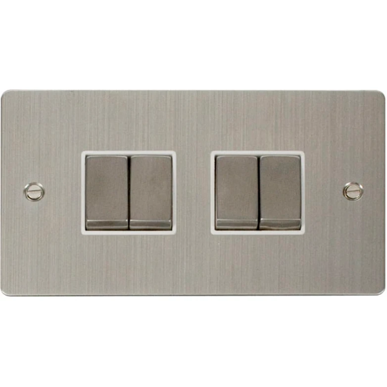 Plate Switch 4 Gang 2 Way 10A Stainless Steel White Insert - Image 2