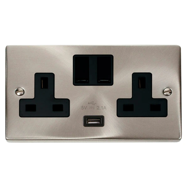 Socket 2 Gang Switched USB Outlet 13A 2.1A Satin Chrome Black - Image 4