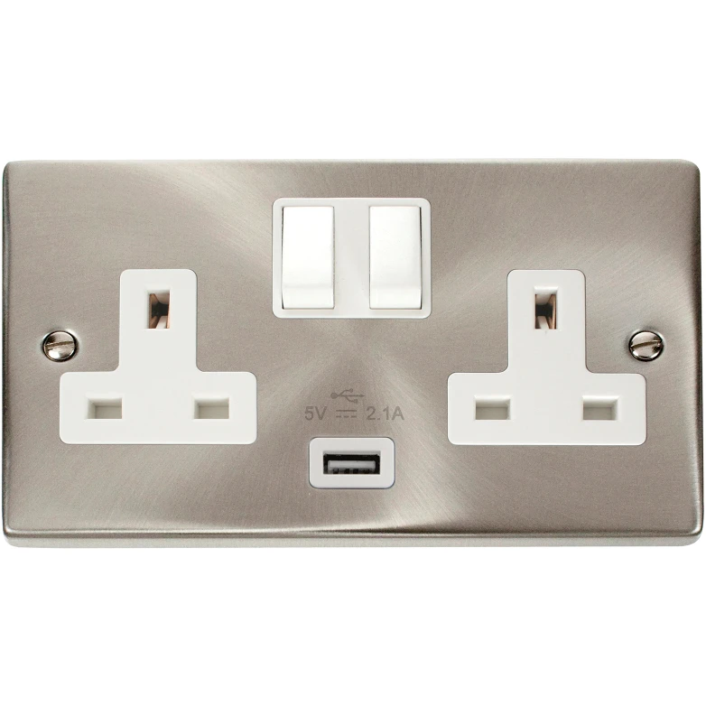 Victorian Satin Chrome White Insert 13A 2 Gang Switched Socket Outlet With Single 21A USB Outlet - Image 4