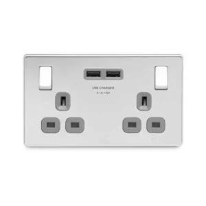 Decorative Polished Chrome 13A 2 Gang Socket + 2 X USB (3.1A) Grey Insert Switched