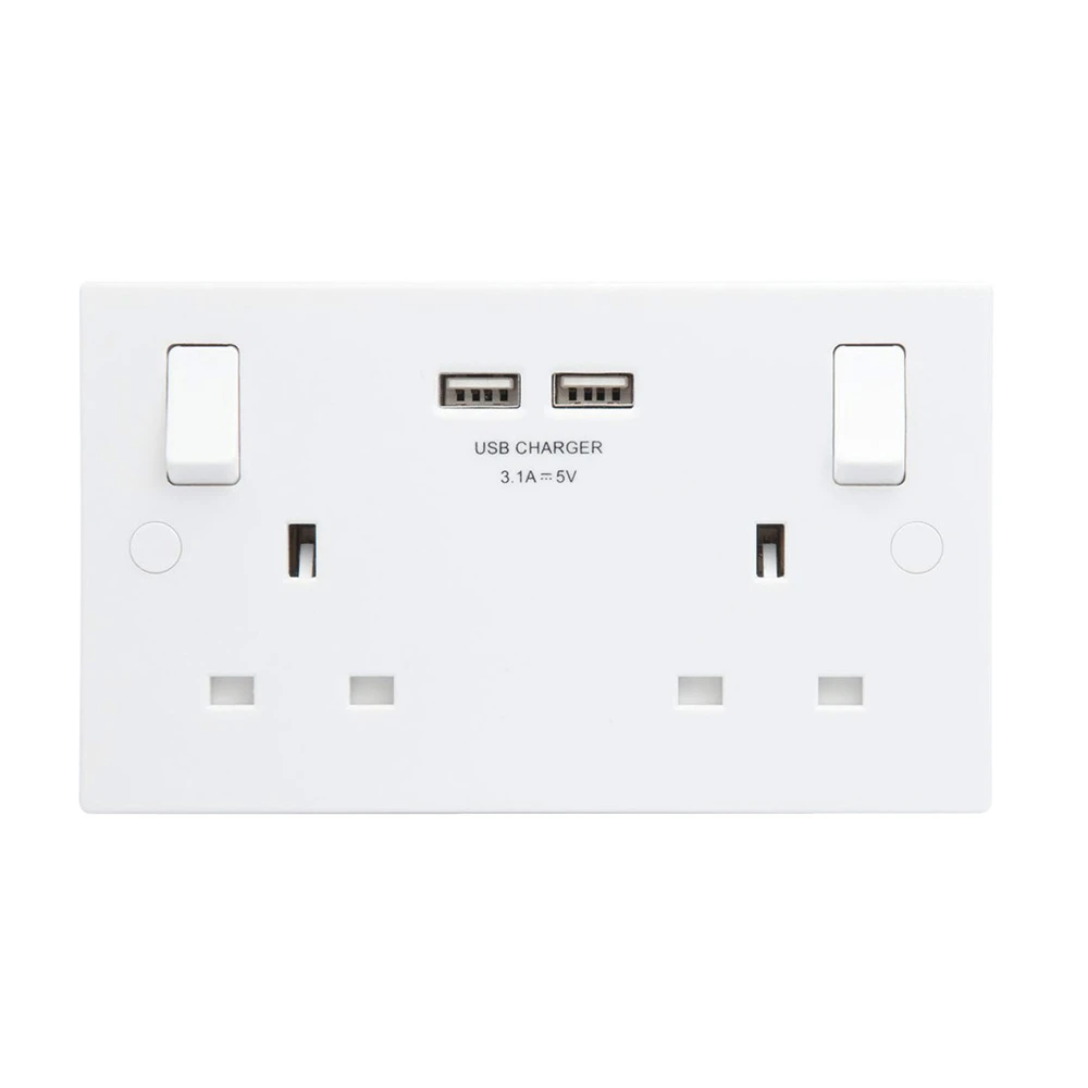Socket Switched 2 Gang Single Pole 2 x USB 13A 3.1A White Charger Square Edge