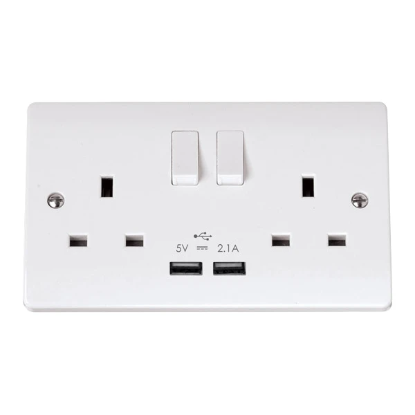 Socket 2 Gang Switched 2 x USB Chargers 13A 2.1A White