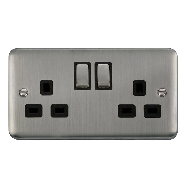 Socket Ingot 2 Gang Double Pole Switched 13A Stainless Steel Black Insert
