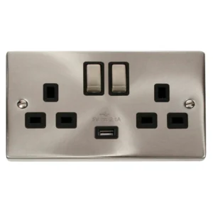 Click VPSC570BK Ingot 2 Gang Switched USB Outlet 13A 2.1A Satin Chrome Black