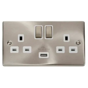 Click VPSC570WH Ingot 2 Gang Switched USB Outlet 13A 2.1A Satin Chrome White