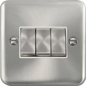 Plate Switch Ingot 3 Gang 2 Way 10AX Satin Chrome White Insert