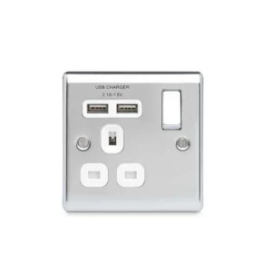 Nexus Metal Polished Chrome 13A 1 Gang + 2 Usb (2.1A) White Insert Switched Socket With Usb Charger