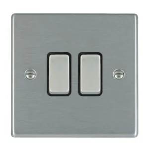 Switch Rocker 2 Gang 2 Way Black Insert 10A 88 x 88mm Satin Steel/Satin Steel
