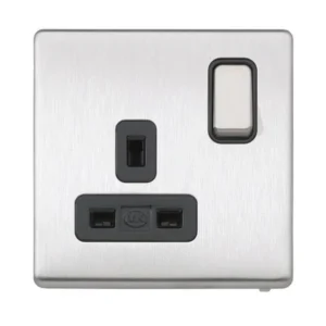 MK Socket 1 Gang Switched DP Brushed Stainless Steel Black Inserts