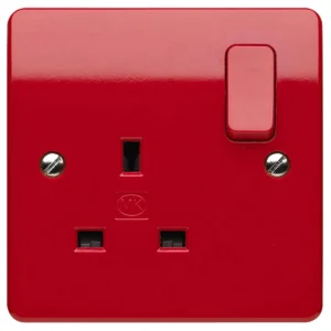 MK Logic Socket 1 Gang Switched Double Pole Dual Earth 13A Red Rockers + Plate
