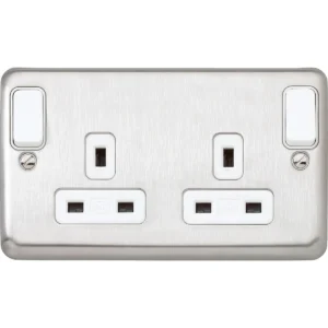 MK Socket 2 Gang Switched Double Pole Dual Earth 13A Brushed Stainless Steel Outboard Rocker