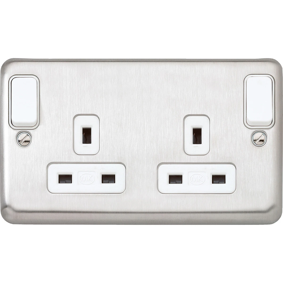 MK Socket 2 Gang Switched Double Pole Dual Earth 13A Brushed Stainless Steel Outboard Rocker