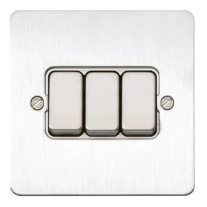 MK Switch 3 Gang 2 Way SP 10A Brushed Stainless Steel White Insert