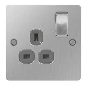 Socket Switched 1 Gang DP 13A Stainless Steel Brushed Grey Insert