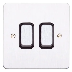 MK Switch 2 Gang 2 Way Single Pole 20A Brushed Stainless Steel Black Inserts