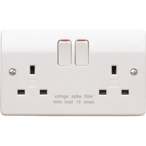 MK Socket 2 Gang Switched Double Pole Spike Filtered 13A White
