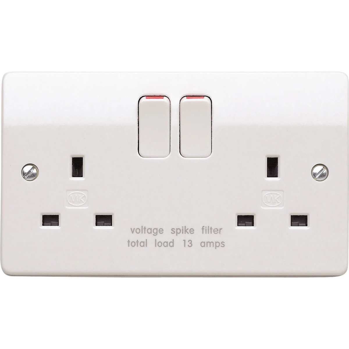 MK Socket 2 Gang Switched Double Pole Spike Filtered 13A White