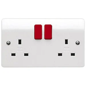 MK Socket 2 Gang Switched Double Pole 13A White Red Rockers