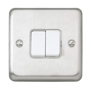 MK Plate Switch 2 Gang 2 Way SP Flush 10A Brushed Stainless Steel