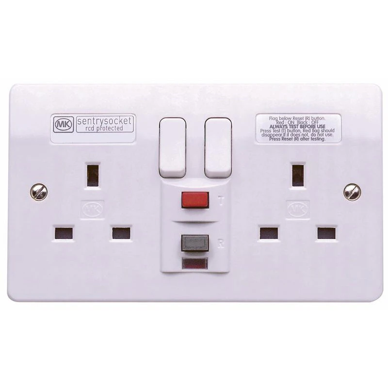 MK Socket 2 Gang Switched Single Pole RCD Passive 13A 30Ma White