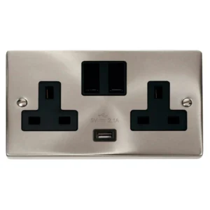 Socket 2 Gang Switched USB Outlet 13A 2.1A Satin Chrome Black