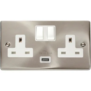 Victorian Satin Chrome White Insert 13A 2 Gang Switched Socket Outlet With Single 21A USB Outlet