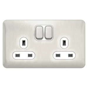 Socket 2 Gang Single Pole Switched White Insert 13A Stainless Steel