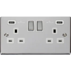 Socket Ingot 2G SWD Twin USB Outlet 13A 2X2.1A Polished Chrome White Insert