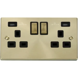 Victorian Satin Brass Black Insert 13A Ingot 2 Gang Switched Socket Outlet With Twin USB (Total 4.2A) Outlets