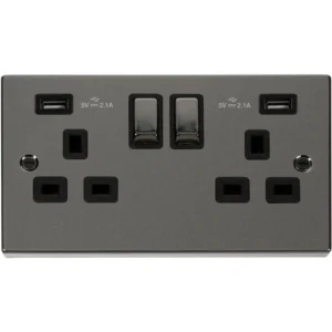 Victorian Black Nickel Black Insert 13A Ingot 2 Gang Switched Socket Outlet With Twin USB (Total 4.2A) Outlets